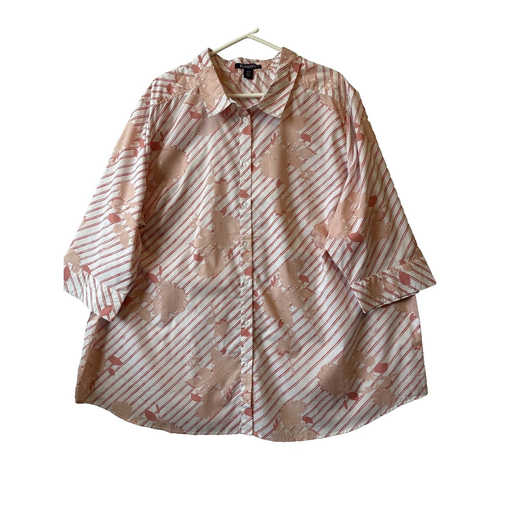 Roaman's Peach Pink Floral Stripe 3/4 Sleeve Women's Button Up Shirt 28W Chic